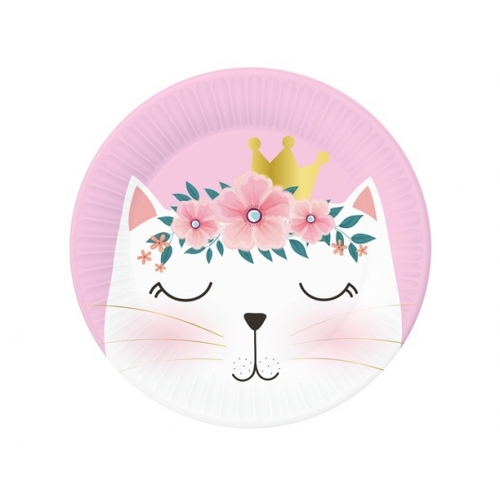 Talerzyki papierowe urodziny kot korona różowy 6x